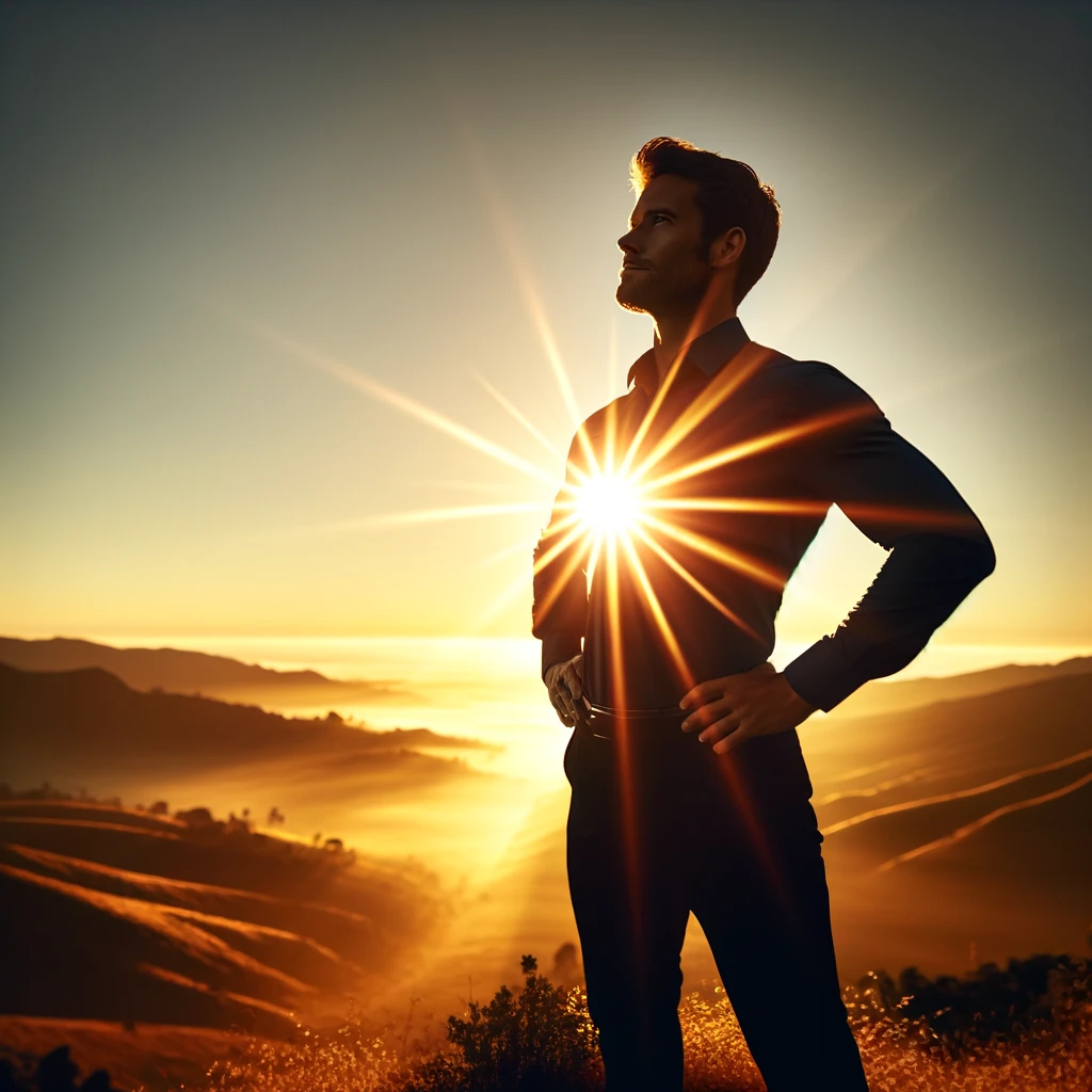 DALL·E 2024-03-01 16.57.33 - Envision a person standing confidently on a hilltop at sunrise. The early morning light casts a radiant glow around them, emphasizing their proud post